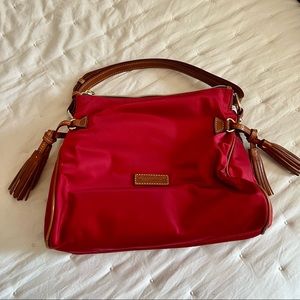 NWOT Dooney & Bourke shoulder bag with leather trim and tassels, red/brown